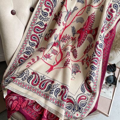 民族風腰果花仿羊絨圍巾女秋冬新款麗江旅遊出行保暖加厚披肩圍脖