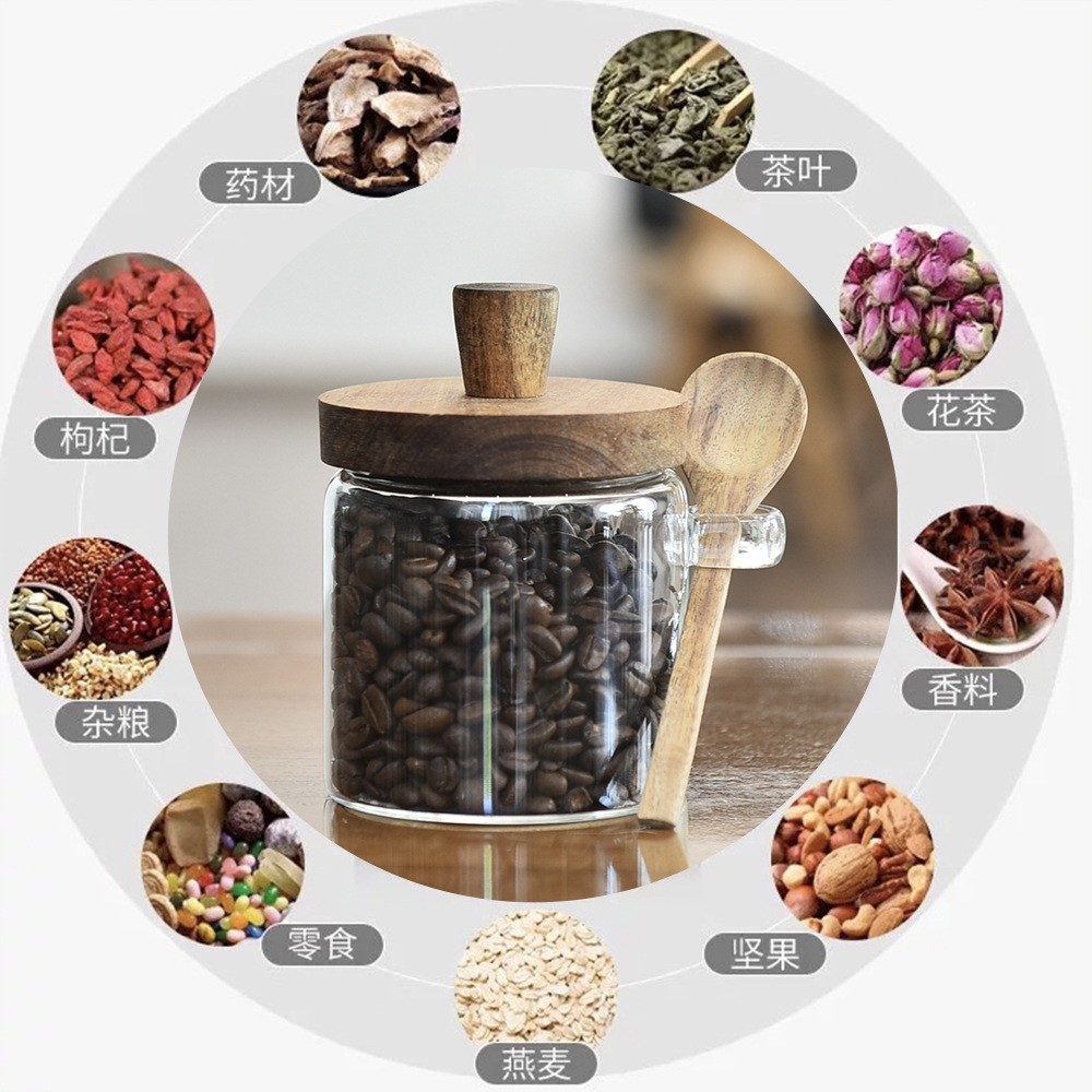 Tanque de vidrio sellado japonés, tanque de almacenamiento de granos de café doméstico con botella de condimento de cuchara de madera, tanque de almacenamiento de alimentos de cocina mayorista