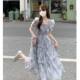 Improved, please look at the real French tea break bubble sleeve floral dress women's summer sweet temperament before placing an order