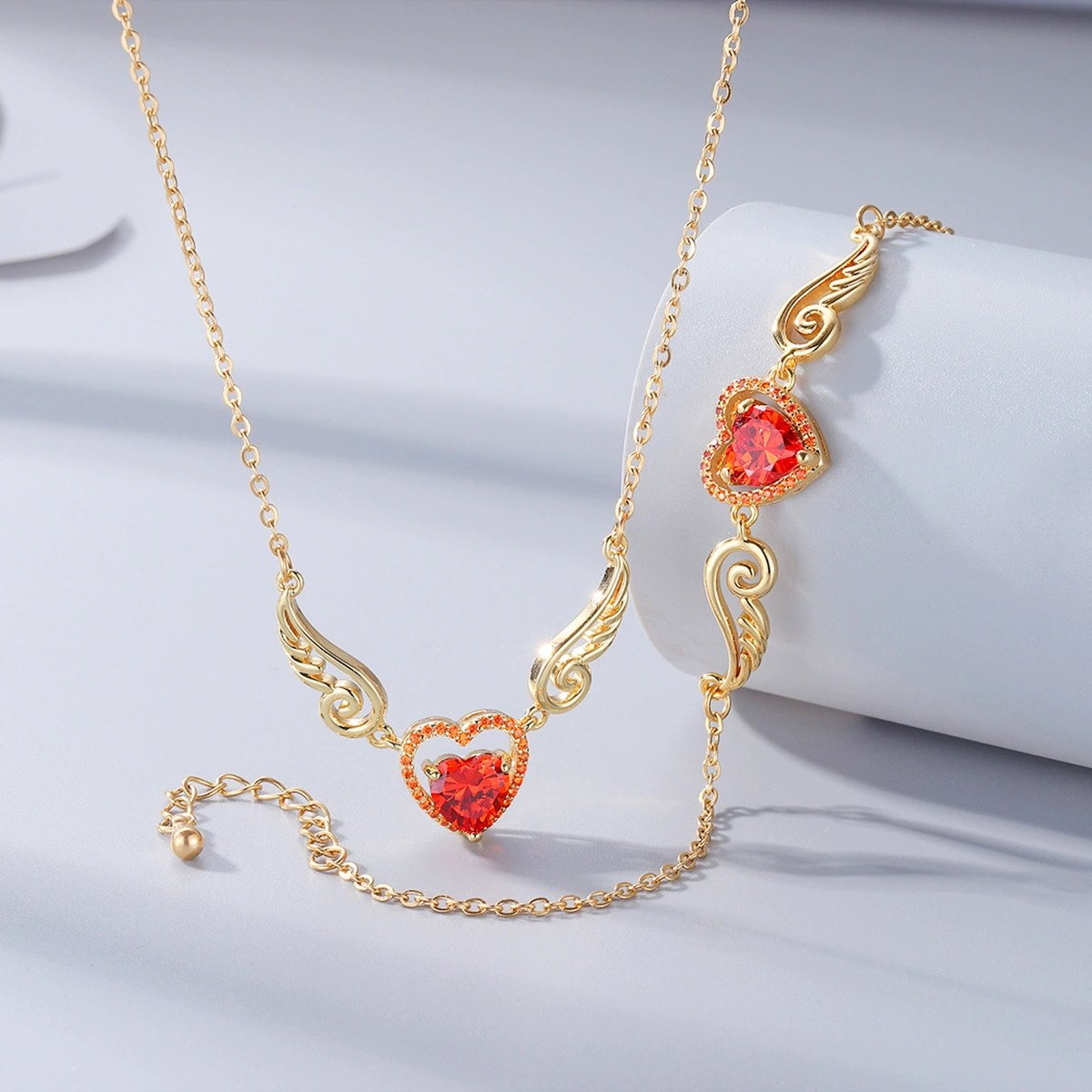 Zirconium, pendant, necklace and bracelet, set for St. Valentine's Day, angel wings, jewelry, for import, new collection
