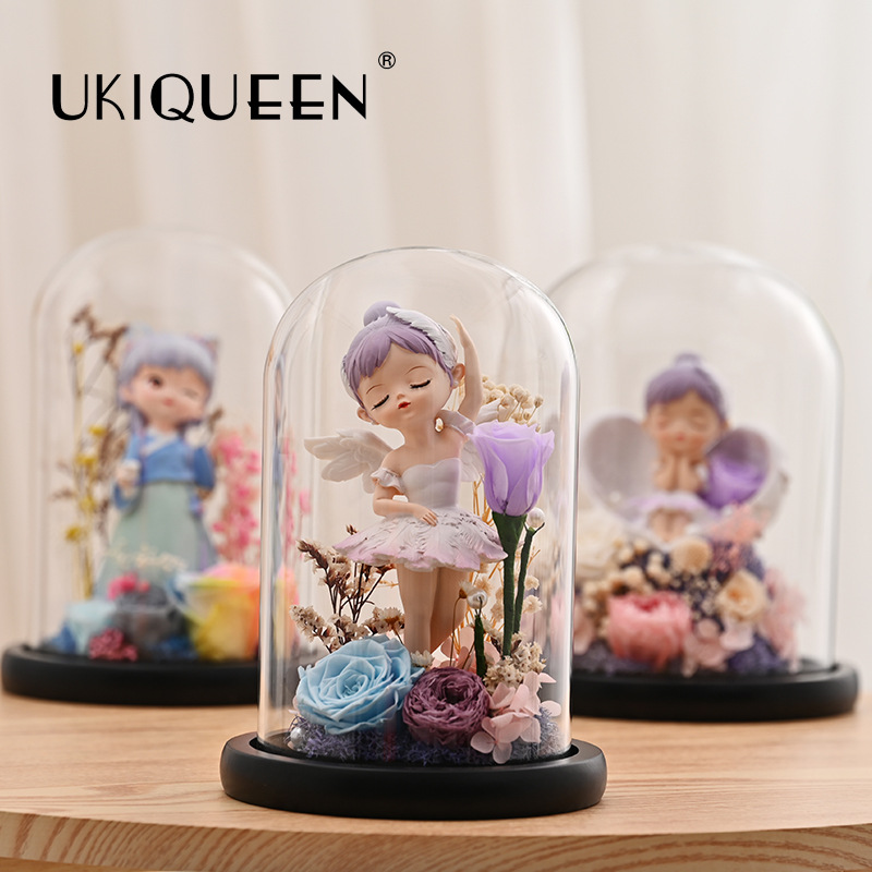 Naxi reina flor eterna cubierta de cristal gato hadas muñeca decoración serie Rosa flores al por mayor qixi regalo
