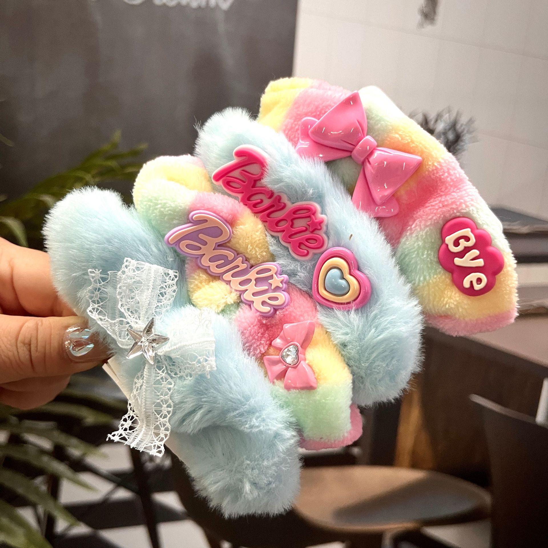 Dulce chica Barbie estilo suave peluda glutinoso pelo cuerda lazo tocado Nicho estilo coreano colorido felpa intestino grueso banda de pelo