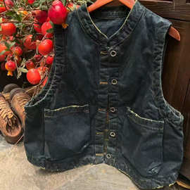 2025冬季韩版宽松复古牛仔加棉立领大口袋马甲百搭保暖坎肩女2595