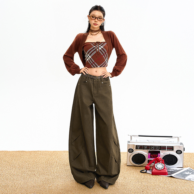 2025 New Denim Brown Coffee Color Comfortable Loose Denim Pants Autumn and Winter Versatile Pocket Button Placket Floor-Length