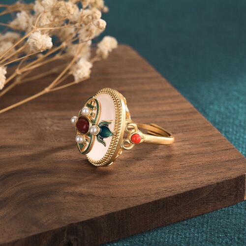 Palace design Chinese style elegant ancient gold enamel cloisonné multi-treasure ring inlaid with white jade and southern red ring