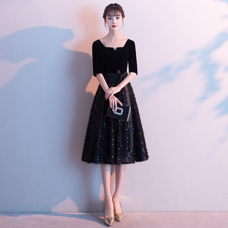 黑色晚礼服裙女2025新款优雅气质平时可穿小个子宴会主持人连衣裙