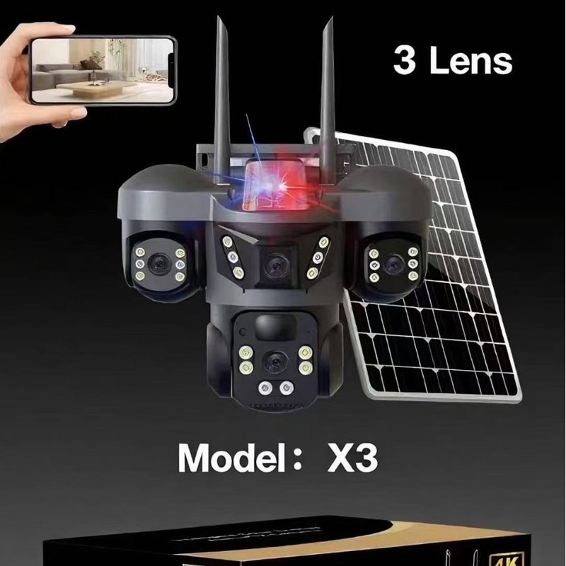 V380三镜头4G太阳能摄像机12MP高清智能夜视双向对讲户外SOLAR|undefined