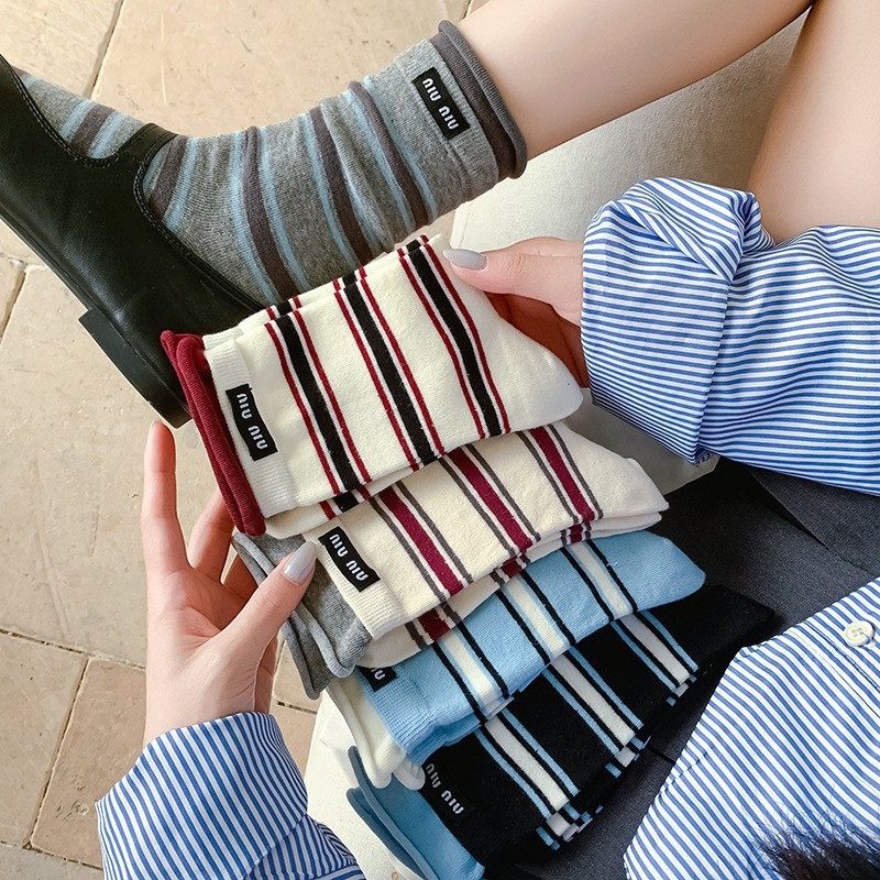 striped socks women‘s bunching socks spring and autumn thin miu series double-layer mouth curling ins trendy pure cotton mid-calf length socks women
