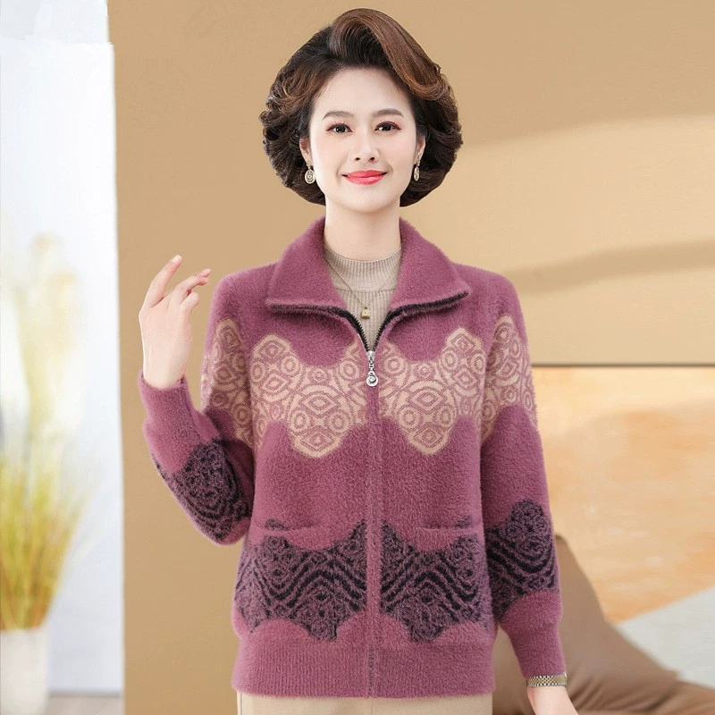 Осенне-зимнее Норковое флисовое пальто для женщин среднего и пожилого возраста, утолщенный вязаный кардиган с лацканами для мамы для бабушки