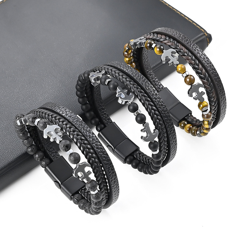 Plating Design Retro Punk Solid Color Pu Leather Zinc Alloy Plating Men's Bracelets Men Cord & Leather Bracelets