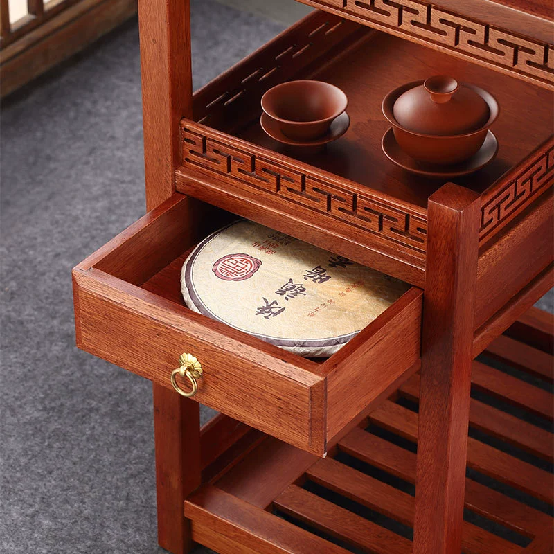 Pear solid wood movable tea cabinet for home with kettle integrated small tea table minimalist Chinese-style tea desk storage stand