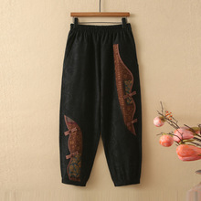 妈妈春秋新款花色棉麻哈伦裤宽松大码松紧高腰复古国风盘扣长裤女