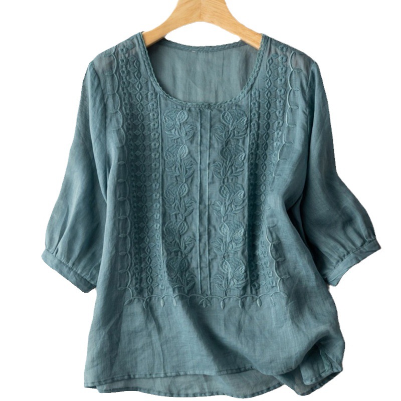 女性の綿麻の薄いタイプの刺繍の夏の新型の丸首の上着の文芸の復古の通気性の泡の袖の半袖の女性のtシャツ