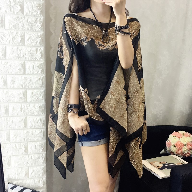 エスニックスタイルショール日焼け止め服女性のための夏の薄いマントシフォンシャツプリントスカーフレトロスタイル|undefined