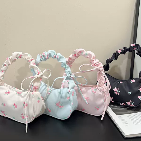Hot-Selling Women's Drawstring Shoulder Bag with High Aesthetic Appeal, Bowknot, Versatile Small Floral Crossbody Bag, Canvas Bag, Popular Bag