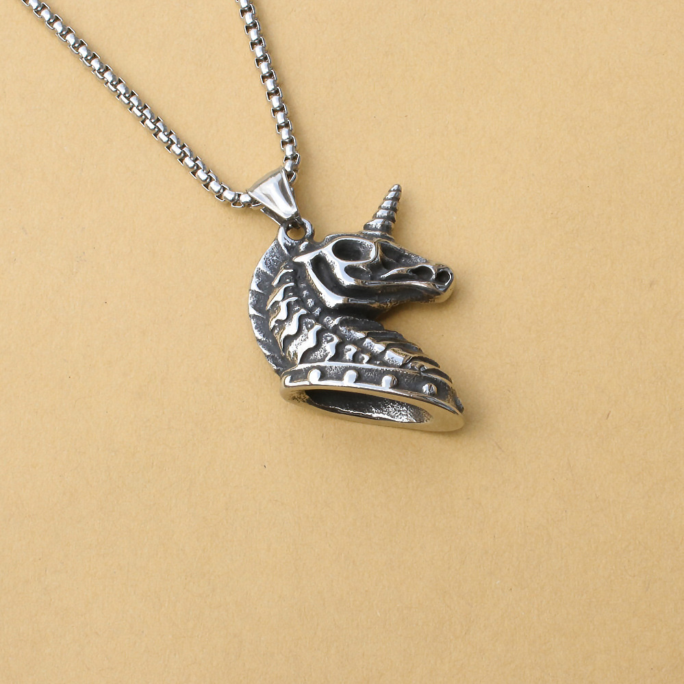 Collier tendance en acier inoxydable avec pendentif en forme de squelette de licorne pour homme et femme_voghion.com