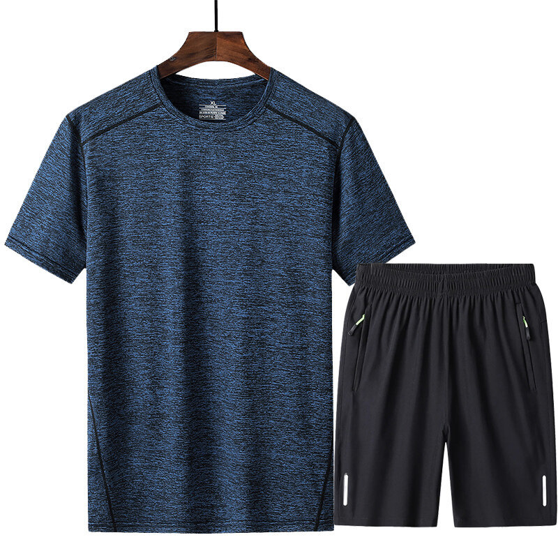 Traje de verano de seda helada de talla extra grande para hombre, camiseta fina de cuello redondo de secado rápido, pantalones cortos deportivos holgados, traje moderno para hombre