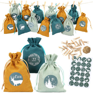 Christmas Burlap Gift Bag Drawstring Cross-Border Small Calendar Countdown Number Bag Imitation Linen Drawstring Bag Cross-Border Hot Sale