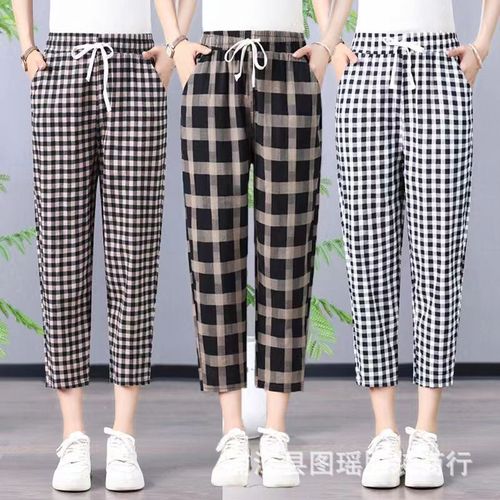 2025 Summer Thin Cotton Linen Pants for Women Middle-aged Loose Elastic Waist High Quality Large Size Straight Tube 9/10th Checkered Pants 