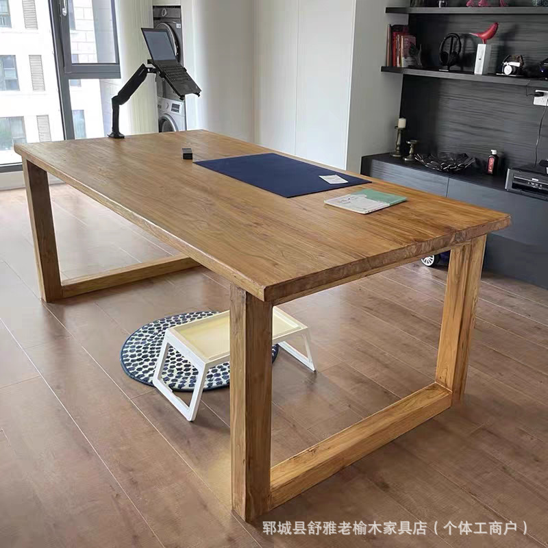 Old Elm Solid Wood Table Home Large Office Desk Study Table Living Room Dining Table Drawer Cabinet Desk Integrated