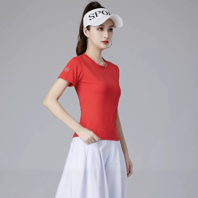 Dreamyuan Sports Быстросохнущий тонкий нейлон с круглым вырезом для занятий йогой на открытом воздухе для отдыха на весну и лето для прыжков, аэробики, светящийся с короткими рукавами для бега