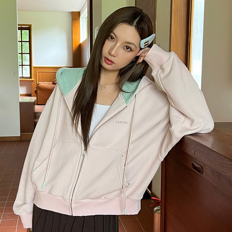 2025秋季休闲连帽卫衣外套女宽松显瘦时尚撞色拉链开衫连帽上衣女|undefined
