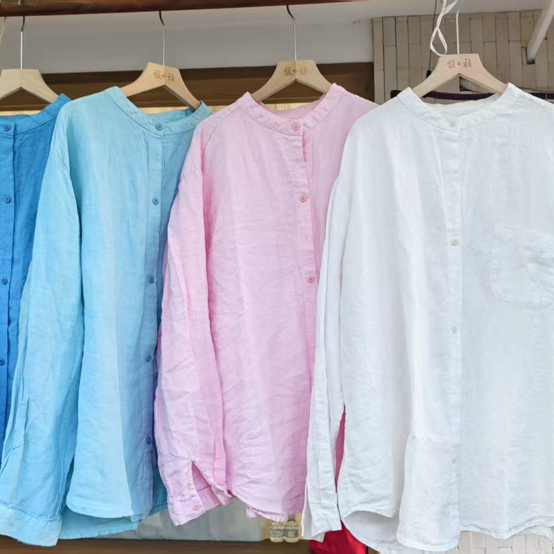 26 New Summer Style Plain Pure Linen Seamless Long-Sleeve Shirt Casual Loose Lightweight Versatile Top