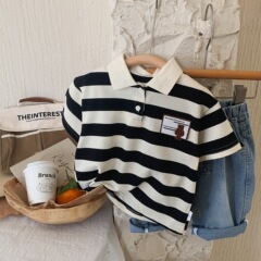 男童條紋短袖T恤2024夏季新款兒童裝POLO衫中小童帥氣薄款上衣韓