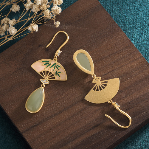 Airyuan Chinese style design ancient gold-plated enamel palace fan inlaid with imitation Hetian jade retro earrings