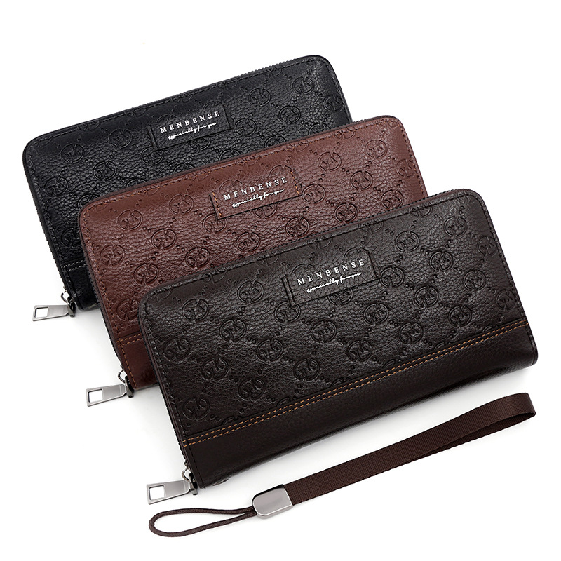Estilo coreano de los hombres de larga cartera patrón en relieve cadena de moda bolsa de embrague de gran capacidad Multi-tarjeta de teléfono bolsa