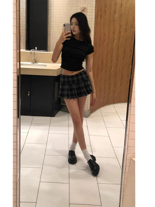 美式复古格纹百褶裙女2025新款秋季低腰外穿半身裙显瘦a字短裙子|undefined