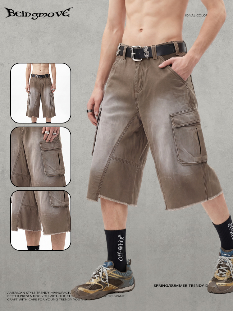 Calle secada| Retro americano lavado con agua hacer viejos pantalones cortos de estilo estilo de moda sueltos al aire libre pantalones para hombres image 4