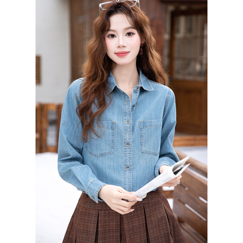 Light Blue Denim Shirt for Women, Spring and Autumn Layering Style, Unique Design, Retro Hong Kong Style, Loose Long-Sleeve Top, Trendy