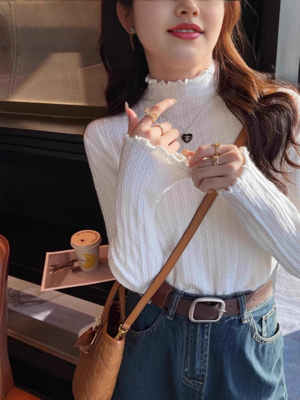 白色半高领毛衣打底衫女新款早秋穿搭木耳边长袖t恤针织上衣春冬|undefined