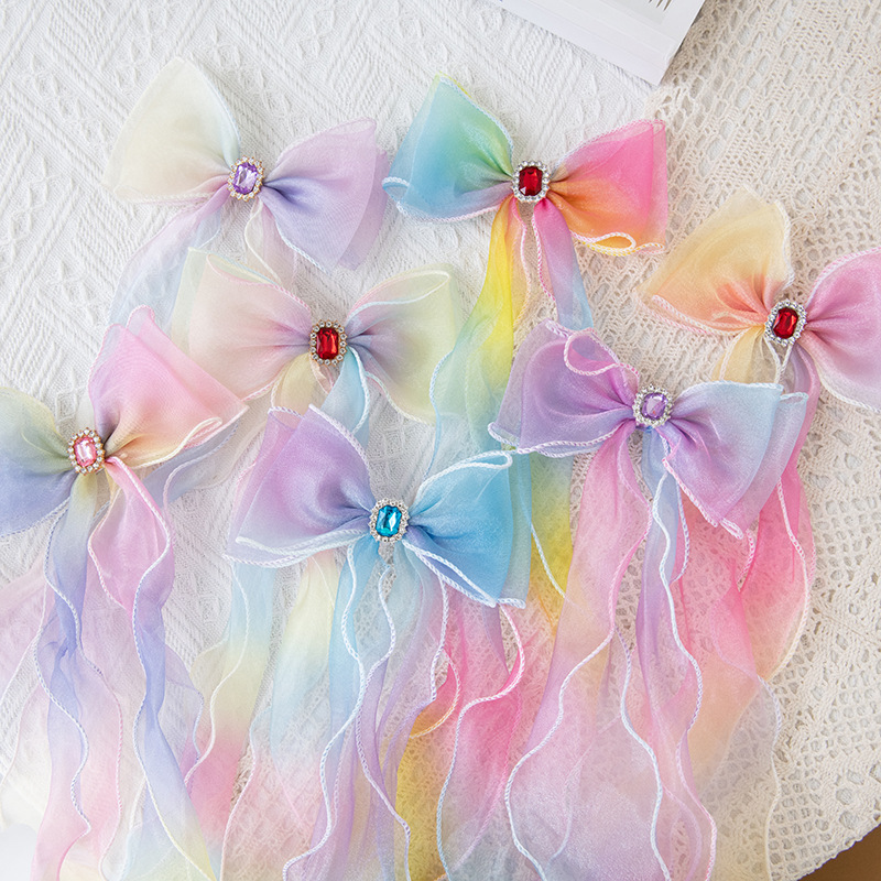 Summer Mesh Gem Ribbon Braided Hair Accessories Aisha Long Tail Bow Hairpin Children's Ponytail Hairpin Headwear