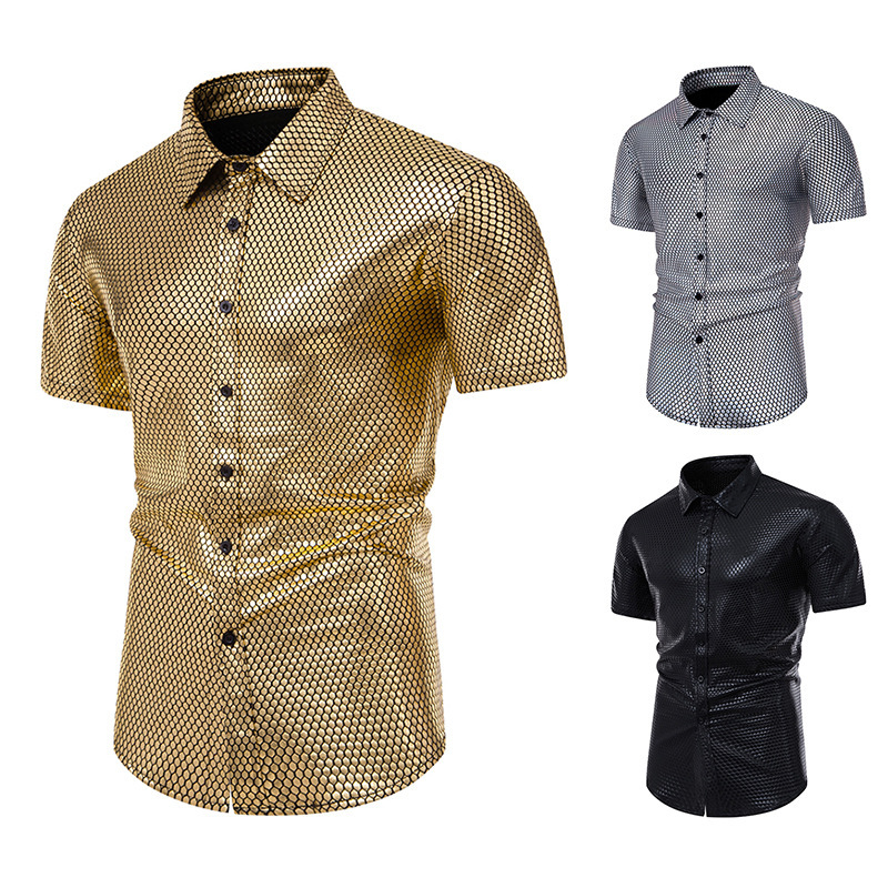 2024 Summer New Arrival Men's 70 s Disco Fashion Clothing Diamond Bronzing Printed Short Sleeve Button-Up Shirt 2024 Summer New Arrival Men's 70 s Disco Fashion Clothing Diamond Bronzing Printed Short Sleeve Button-Up Shirt