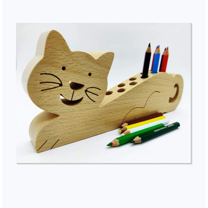Chat stylo en bois design créatif, décoration de bureau, porte-crayon, artisanat en bois pour la maison_voghion.com