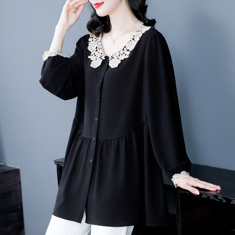 Spring New Korean style age-reducing slimming loose plus size lace edge long sleeve doll all-match shirt middle-aged and elderly women's clothing