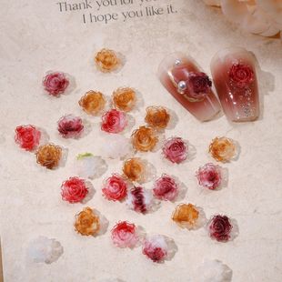 Popular online celebrity luminous two-color Camellia nail jewelry vintage dark night rose flower resin nail diamond accessories