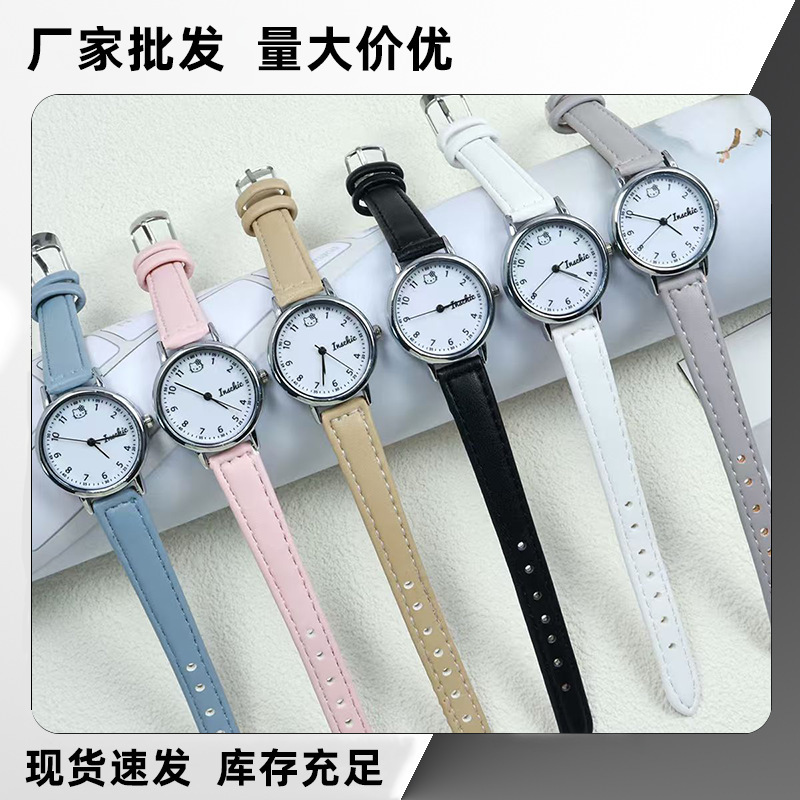 Manufacturer Wholesale Women's Watch Junior High School Student Exam Watch Female Small Dial Kt Cat Imitation Leather Glass Quartz Watch