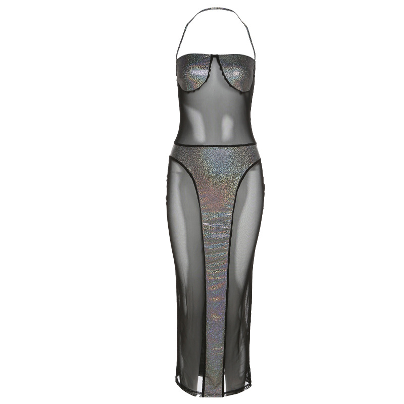 hanging neck mesh stitching sequin see-through slim dress NSDLS108652