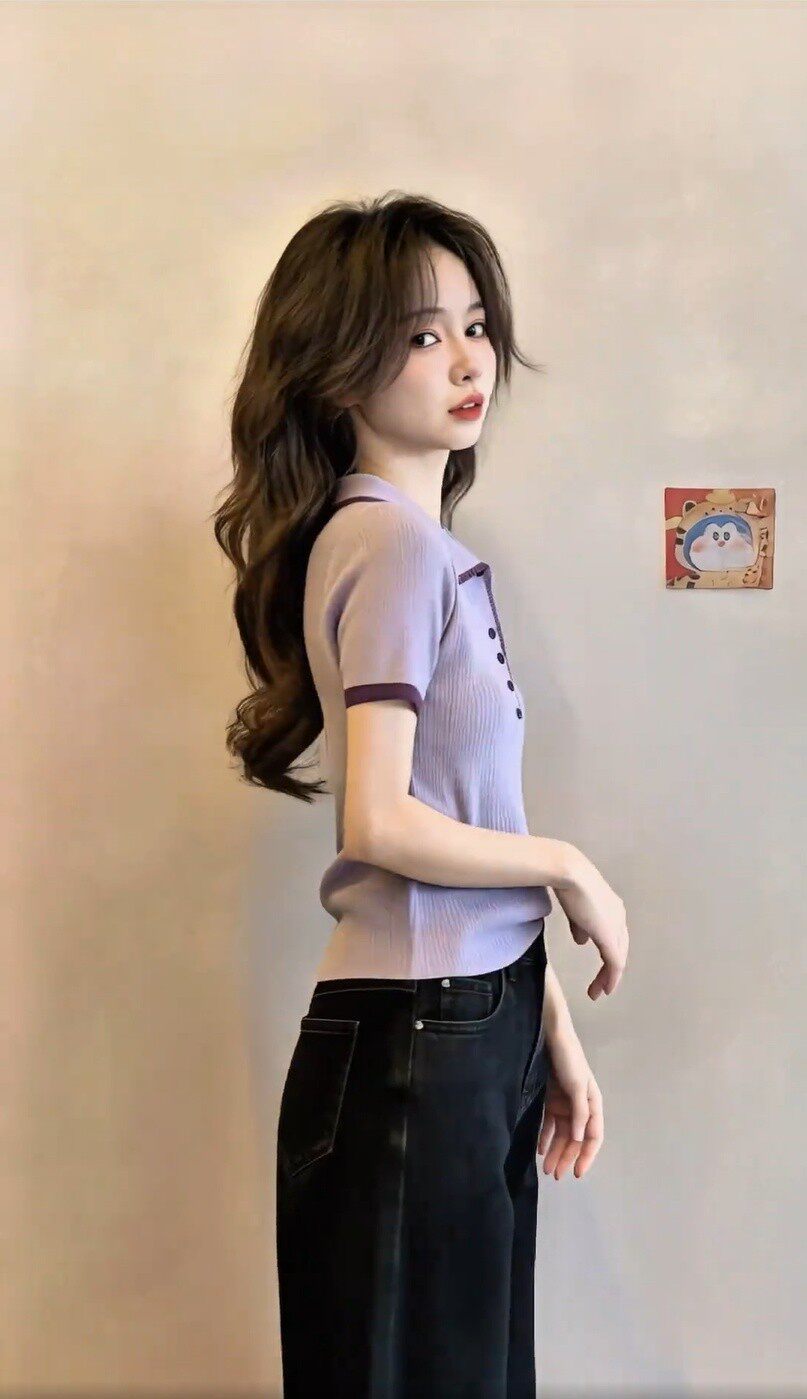 Áo thun polo nữ tay ngắn dệt kim phối màu vai thon gọn — màu tím chi tiết 4