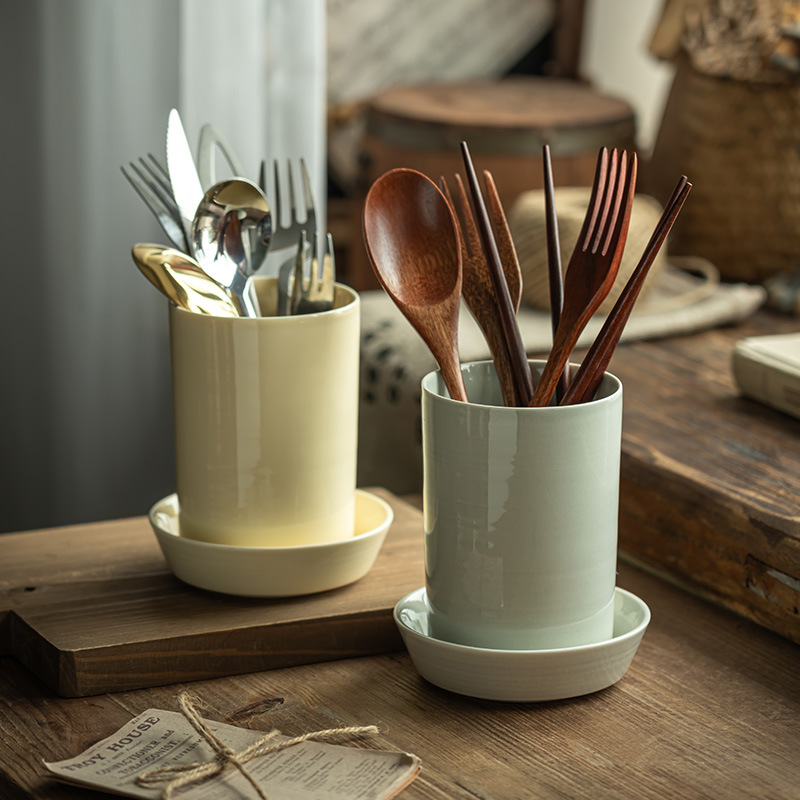 [Ayudante de almacenamiento] Cubo de palillos de escurrido de cerámica Cocina doméstica Cuchillos, tenedores, cucharas, latas de almacenamiento, mesas de hotel, cubo de palillos