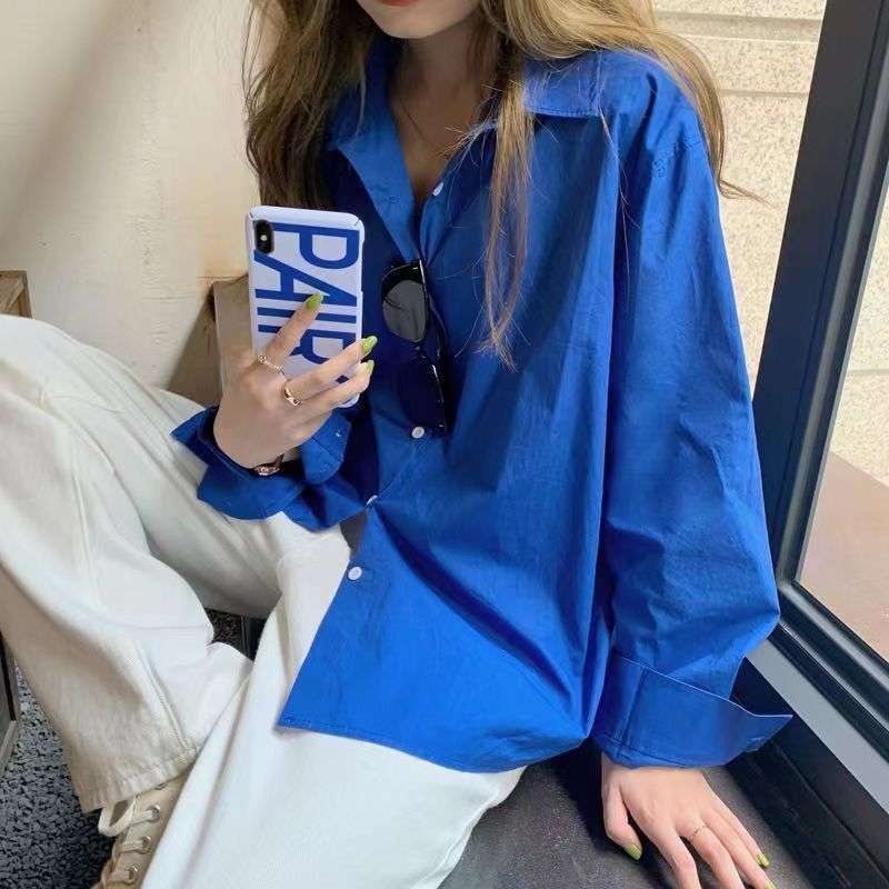Blue Shirt 2025 Spring and Autum New Korean Style Chic Loose Casual White Sapphire Blue Shirt Top