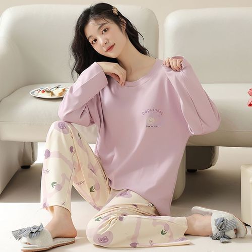 2024 new style pajamas with breast pads for women spring and autumn pure cotton long-sleeved trousers style pure cotton can be worn outside home clothes set