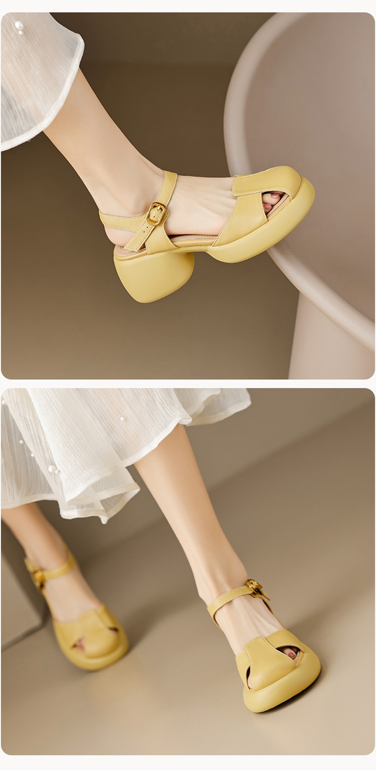 Sandal cao gót nữ bít mũi da cừu gót thô kiểu La Mã đế dày quai ngang — Màu trắng be chi tiết 6
