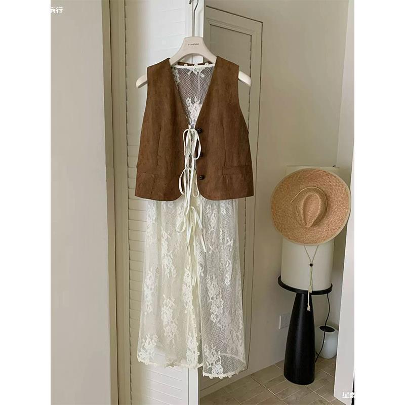 New White Lace Cotton Dress Slim Long Vest Style Skirt Layering Artifact Early Autumn New Style for Women
