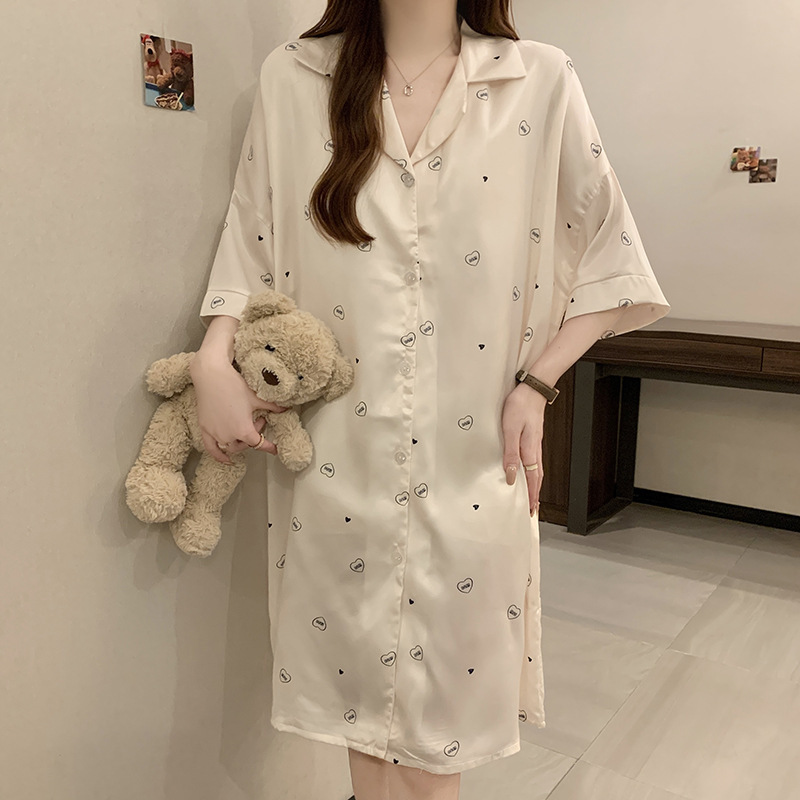 氷リボン胸パッド寝スカート女性夏2025新型カーディガンゆるい半袖パジャマ女性夏シャツスカート|undefined