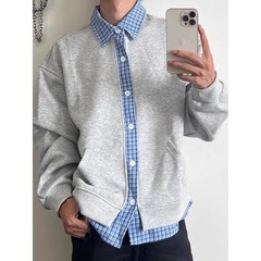 cleanfit灰色假两件开衫卫衣男秋季美式miu系潮牌小众衬衫领外套