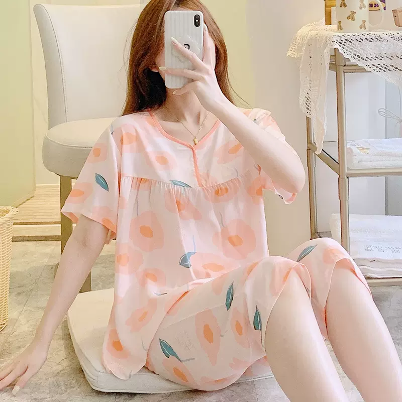 新款人造棉绸睡衣女可外穿夏季宽松简约学生V领家居服7分裤两件套